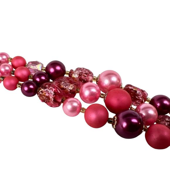 Japan Necklace Clip On Earring Set Multi Tone Pink Bead Gold Tone Collar Choker - Picture 4 of 8